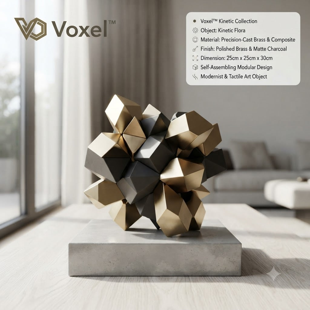 Voxel™ Kinetic Geometry Collection: The "Kinetic Flora" | Precision-Engineered Modular Art Object (Polished Brass &amp; Matte Charcoal)