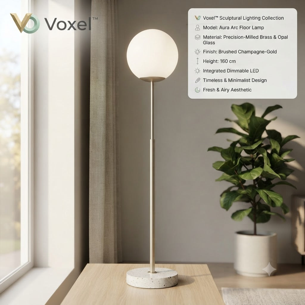 Voxel™ Sculptural Lighting Collection – The "Aura Arc" Floor Lamp(Model: VXL-ARC-CG) Brushed Champagne-Gold &amp; Opal Glass | Timeless Minimalist Design